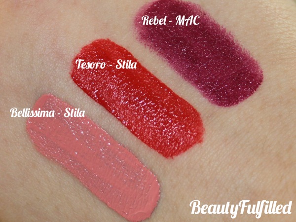 12 Favourite Beauty Products of 2012 - Lip Swatches Rebel by MAC, Tesoro Bellissima Stila Stay All Day Liquid Lipstick